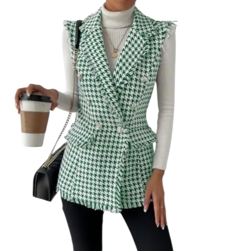 Green Houndstooth Sleeveless Tweed Double Breasted Longline Vest Raw Trim